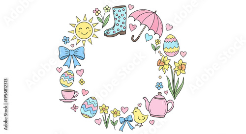 Charming Easter-themed illustration featuring a circular arrangement of colorful spring symbols including eggs, flowers, a duckling, and a watering can, perfect for greeting cards and decorations