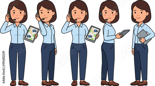 Cute flat logistics dispatcher vector with headset and tablet in a clean isolated white background professional cartoon job illustration style