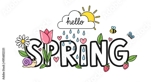 Bright and Cheerful Spring Greeting Illustration with Flowers, Bees, Sun, and Raindrops, Celebrating the Season of Renewal