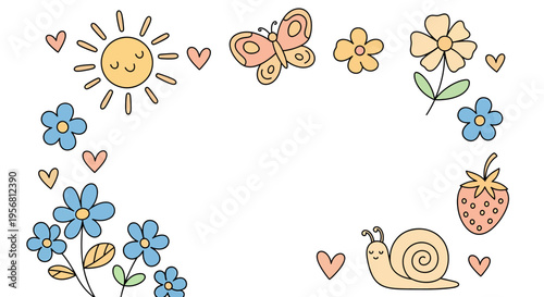 Hand-drawn summer border with a smiling sun, colorful flowers, a butterfly, snail, and strawberry, creating a cute, cheerful, and whimsical design frame