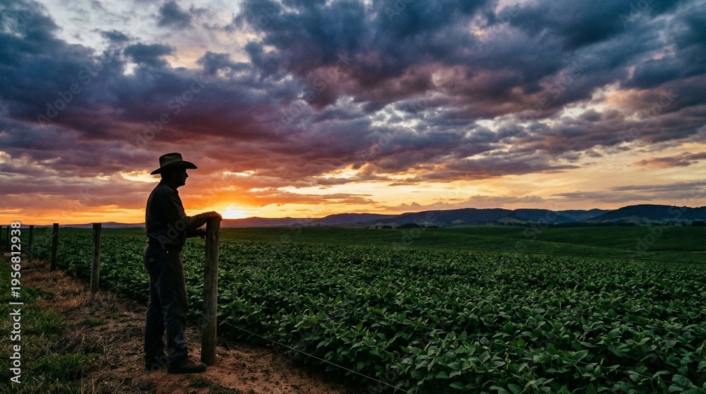 Fototapeta premium Farmer at sunset watching over a field, with a dramatic sky