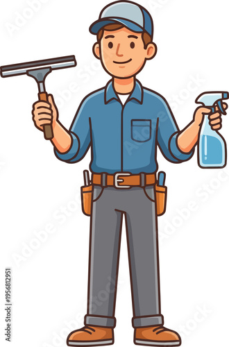 Cute flat window cleaner vector with squeegee and spray bottle in a clean isolated white background maintenance profession character style