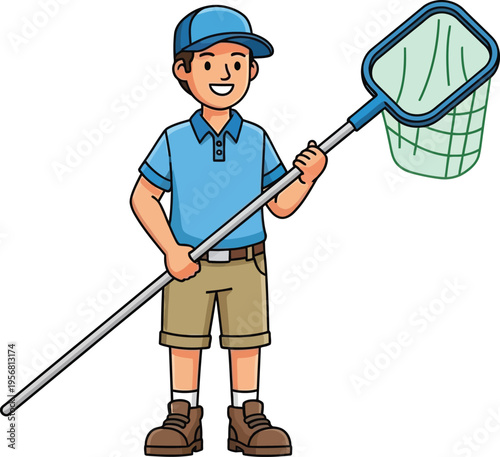 Cute flat pool cleaner vector with skimmer net in a clean isolated white background maintenance profession cartoon illustration style