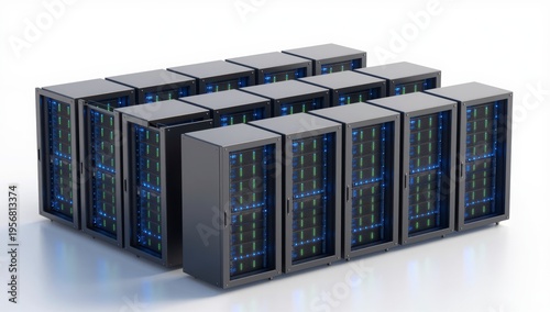 Row of high performance server racks in a data center with blinking blue and green lights representing cloud computing and network infrastructure