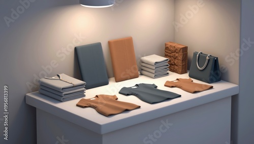 Fashion retail display table with neatly folded clothing items and handbags in clean minimalist boutique setting