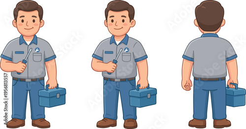 Cute flat household service vector showing an appliance repair technician with a screwdriver and toolbox on a clean isolated white background