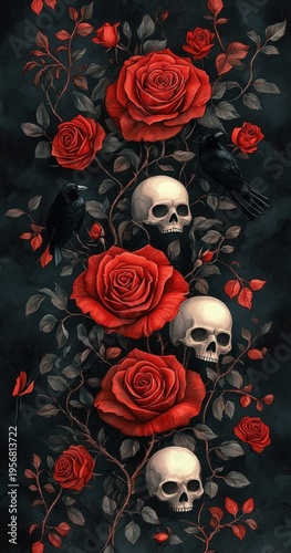 Vertical cluster of large red roses entwined with dark leaves and twining stems with perched black ravens, moody gothic floral arrangement evoking melancholic romantic atmosphere