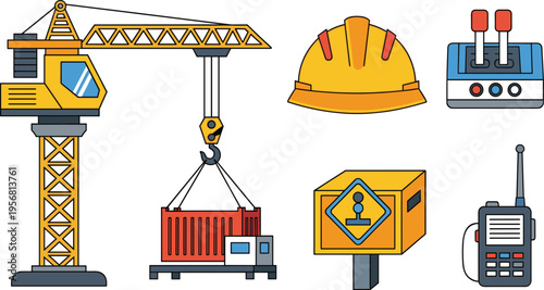Construction crane and industrial equipment icon set with hard hat cargo container control panel radio and safety tools isolated on white background vector illustration
