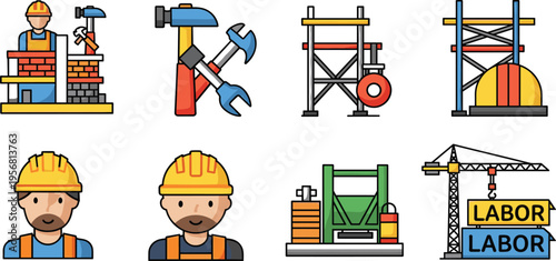 Construction and labor industry icon set with worker tools crane scaffolding machinery and building elements isolated on white background vector illustration