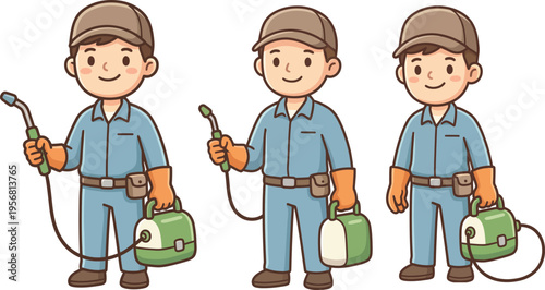 Cute flat pest control service vector featuring a worker with a sprayer tank in a clean isolated white background cartoon occupation style