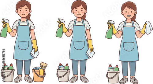 Cute flat house cleaning service professional vector with spray bottle and cloth in a clean isolated white background cartoon style