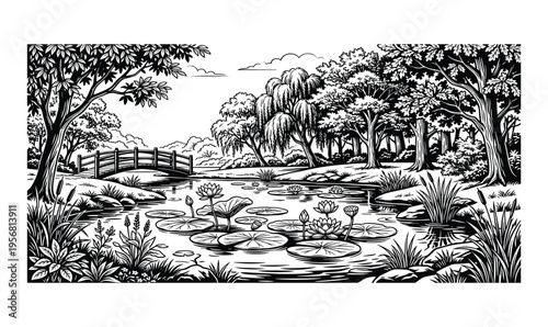 Tranquil pond with lily pads and blooming lotuses surrounded by lush trees and foliage