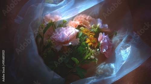 Bouquet Wrapped in Translucent Paper and Soft Light Passing Through Layers on a Table