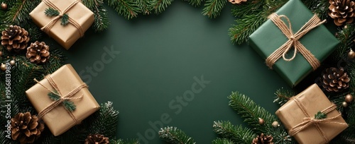 elegant festive scene of gold and green wrapped gift boxes with twine bows, pine branches, cones and golden baubles on a dark green background, cozy holiday mood