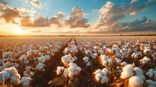 Expansive cotton field at sunset with fluffy white bolls in orderly rows beneath a golden sky and dramatic clouds, serene rural landscape