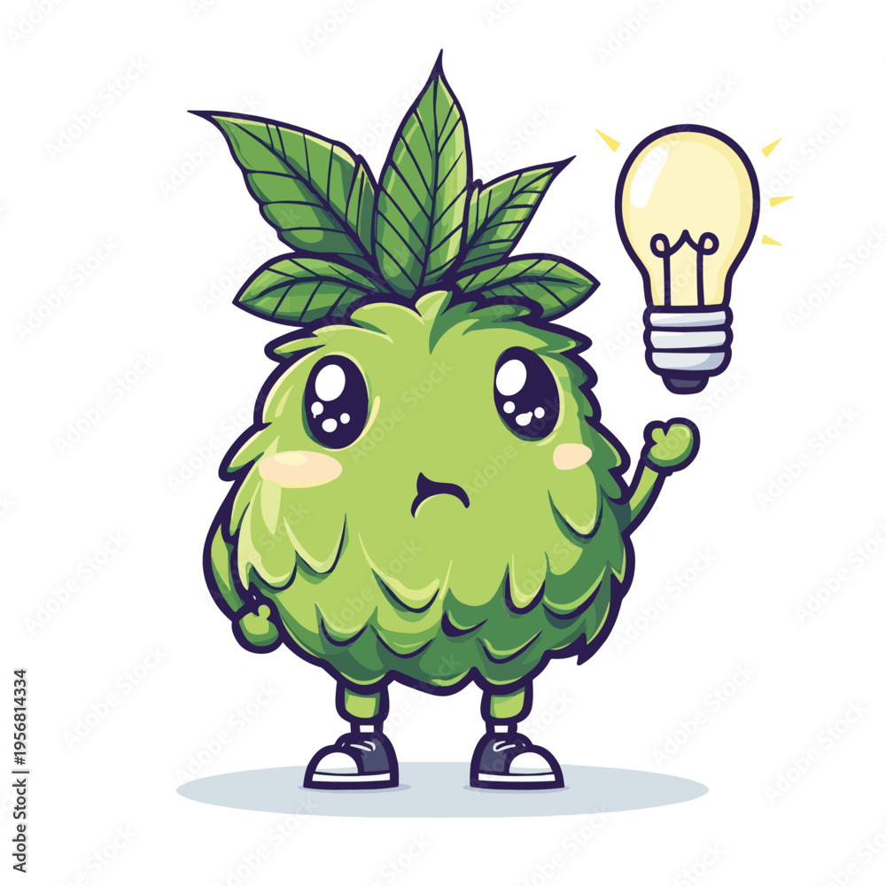 Fototapeta premium Cute funny marijuana weed bud character with question mark and idea lightbulb