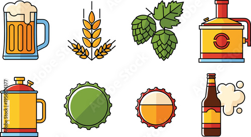 Beer brewing and brewery icon set with mug barley hops bottle caps brewing equipment and craft beer elements isolated on white background vector illustration