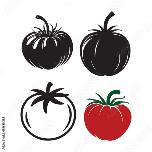 Silhouette vector outline of a round tomato with small stem and leaves