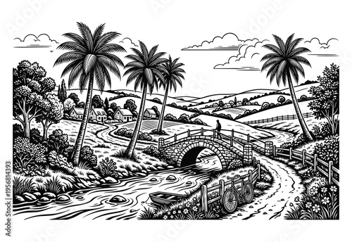 Tropical landscape with palm trees, stone bridge over river, village houses, and rolling hills engraving