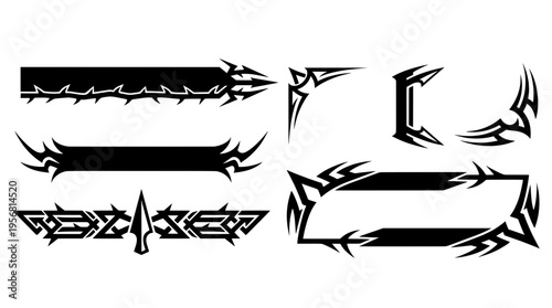 Set of black tribal lower thirds, barbed wire overlays, geometric arrowhead dividers, and gothic text frames. Edgy y2k vector assets for streetwear
