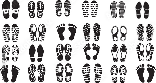 Various black footprints and shoe soles in different designs and patterns illustration