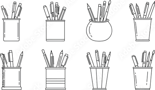 Pencil Holder Line Art Vector Collection with Pen and Brush Containers, Minimal Office Stationery Set for Desk Organization, School Supplies, and Workspace Design