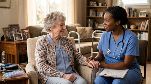 Elderly woman smiling while talking to nurse in cozy living room  