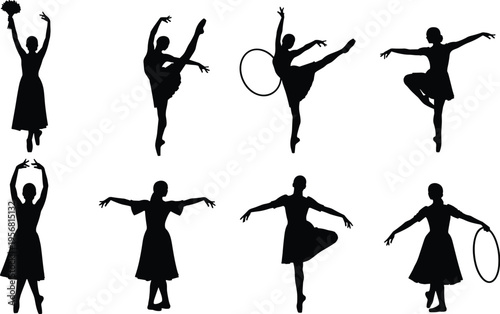 Rhythmic gymnastics silhouette set, female gymnast performing elegant ribbon and hoop dance poses, artistic sport isolated black figures