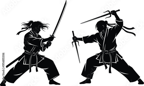 Samurai warrior silhouettes fighting with swords, traditional Japanese martial arts combat action, katana sword fighters black silhouette illustration