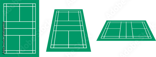 Minimal badminton court vector set with top and perspective views. Clean green sport field layout ideal for infographic, template, and athletic design projects.