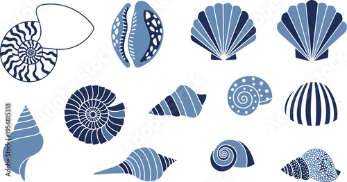 Seashell collection vector icons, blue ocean shell set, marine beach elements, sea life decorative shells illustration pack