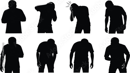 Sick man silhouettes set showing illness symptoms like headache, stomach pain, coughing and weakness, healthcare problem illustration collection