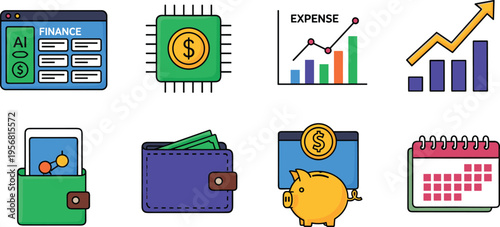 Finance and money management icon set with wallet piggy bank analytics charts calendar and budgeting tools isolated on white background vector illustration