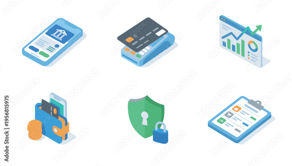 Fototapeta premium Isometric Digital Finance and Technology Icons for Business and Online Services