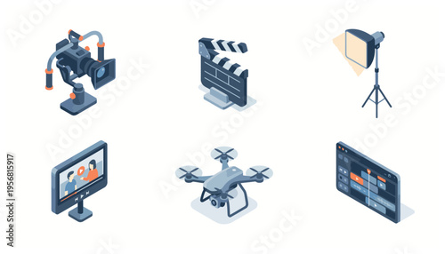 Video Production Isometric Icons Set for Filmmaking and Content Creation
