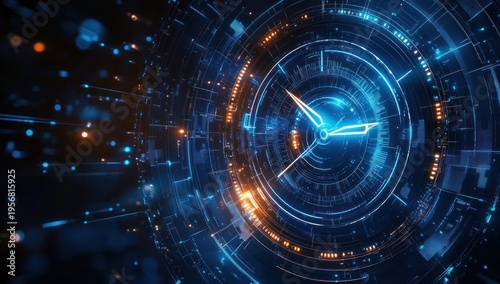 Futuristic glowing analog clock with central hands surrounded by concentric digital rings, blue and orange circuitry lights conveying urgent high-tech energy