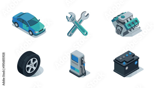 Car Isometric Icon Set Representing Auto Repair Maintenance and Transportation Elements