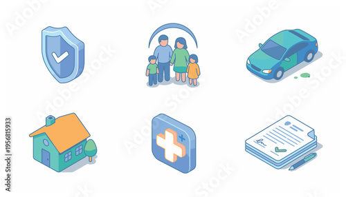 Insurance Coverage Isometric Icon Set for Family Auto Home and Healthcare Protection Services