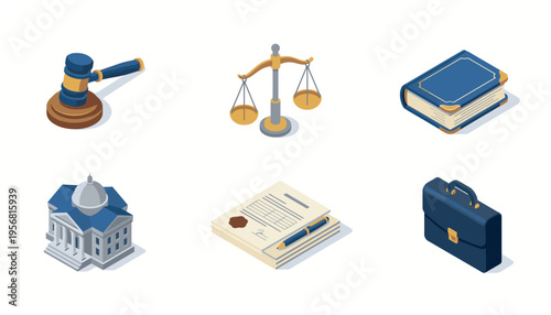 Law and Justice Isometric Icon Set with Gavel Scales Book Courthouse Documents and Briefcase