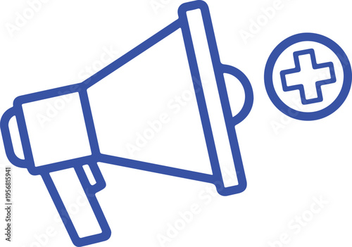 A blue outline icon showing a megaphone combined with a medical cross for health communication isolated on transparent background, isolated on white background, Vector