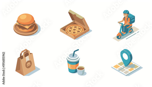 Delivery Food Online Order Service Isometric Icon Set for Restaurant Mobile Application