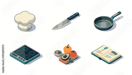 Cooking and Kitchen Essentials Isometric Icon Set for Food Preparation