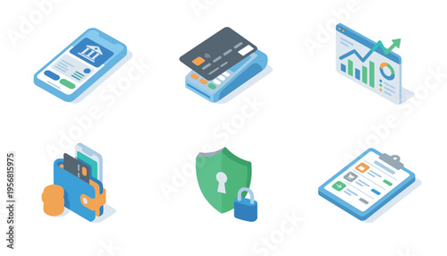 Isometric Digital Finance and Technology Icons for Business and Online Services
