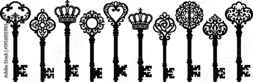 Silhouette illustration of vintage keys, ornate crown and heart designs, antique craftsmanship, decorative scrollwork, mystery, treasure, retro elegance, art