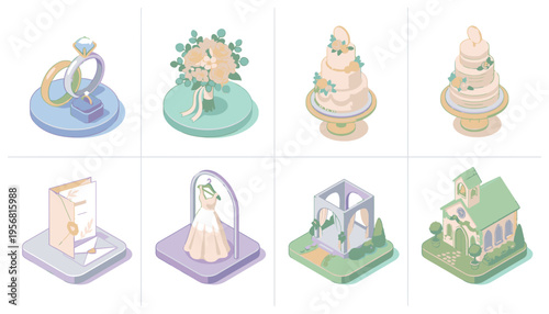 Wedding Isometric Icon Set Showcasing Essential Elements for a Marriage Celebration