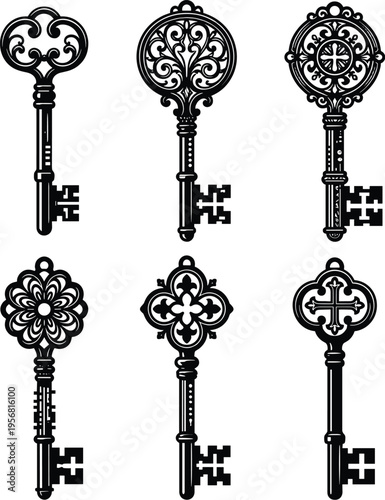 Silhouette illustration of vintage keys, ornate designs, antique style, decorative patterns, historical artifacts, unlocking secrets, retro elegance, collectible art