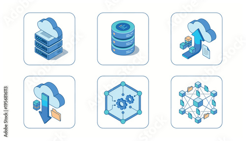 Technology Themed Isometric Icon Set for Cloud Computing Data Storage and Network Infrastructure