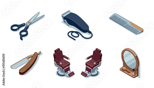 Professional Barber Shop Tools and Hairdressing Equipment Isometric Vector Illustrations Set