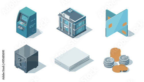 Finance Isometric Icons Set with Banking Elements Like Atm Bank Credit Cards Money and a Safe