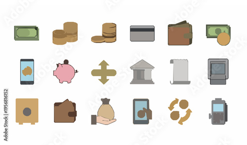 Modern money and payment flat icon set with cash wallet coins and banking symbols vector collection
